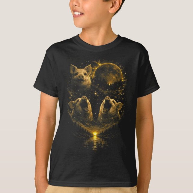 Camiseta 3 cerdos divertidos aullando eclipse de luna de sa (Anverso)