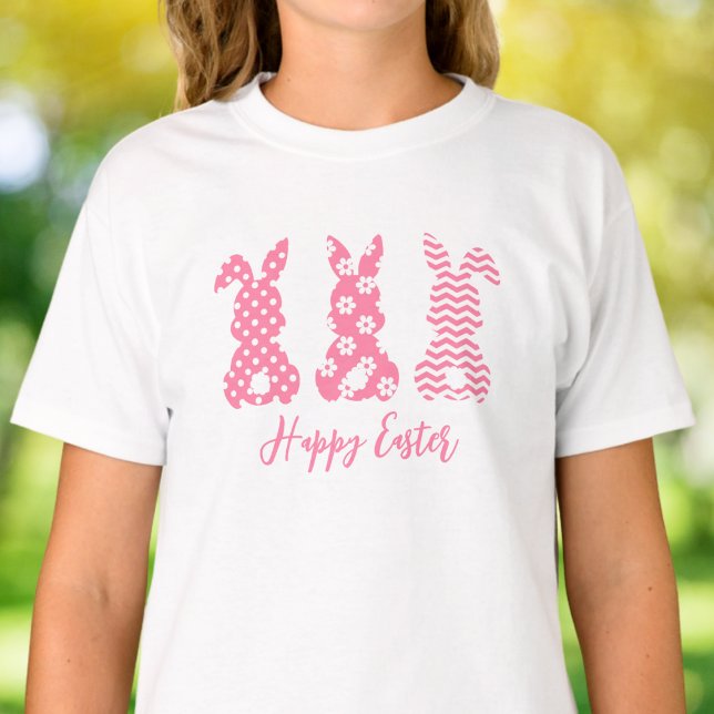 Camiseta 3 Conejos de conejo rosa y blanco | Feliz Pascua (Subido por el creador)
