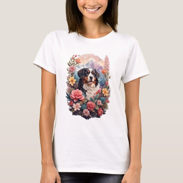Camiseta 3.D Fantasía Floral Bernese Mountain Pájaros de ca (Anverso)