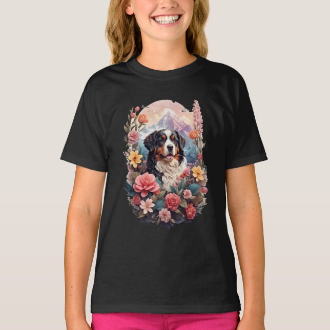 Camiseta 3.D Fantasía Floral Bernese Mountain Pájaros de ca (Anverso)