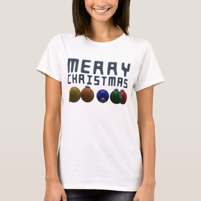 Camiseta 3.D Feliz Navidad Typografía Ornamentos de Navidad (Anverso)
