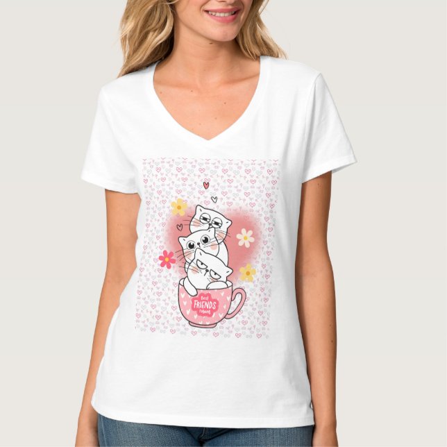Camiseta 3 gatos con flores y un tazón (Anverso)