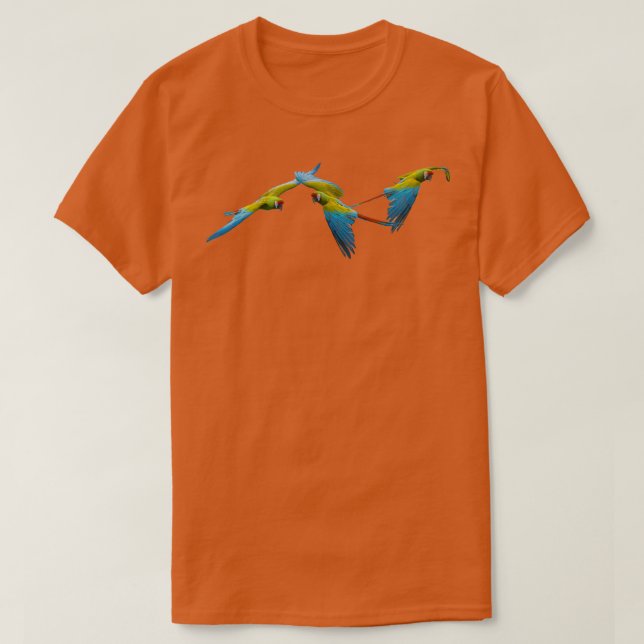 Camiseta 3 Loro de macao azul y amarillo volando (Diseño del anverso)