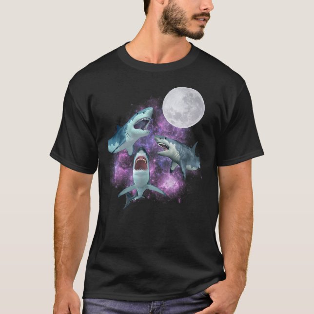 Camiseta 3 Sharks Moon Howling Wolf Parody 3 Great White Sh (Anverso)