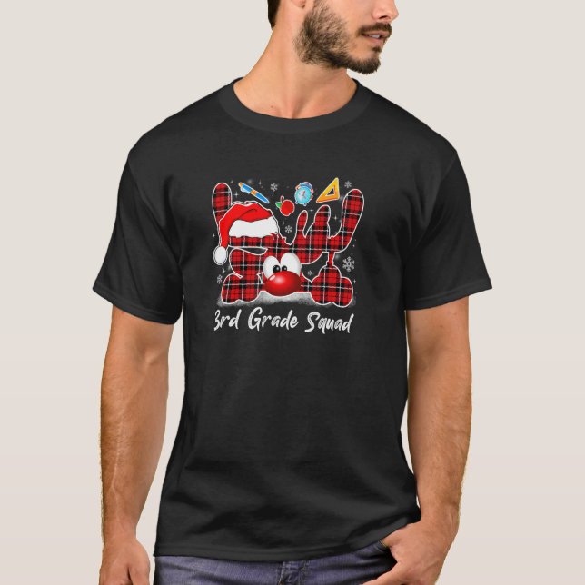 Camiseta 3rd Grade Squad Plaid Reindeer Santa Hat Teacher C (Anverso)