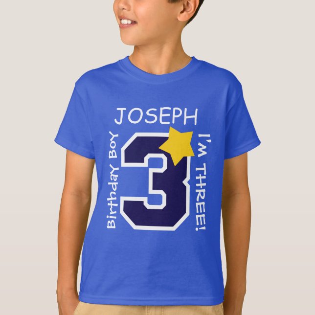 Camiseta 3ro AZUL del muchacho del cumpleaños un nombre de (Anverso)