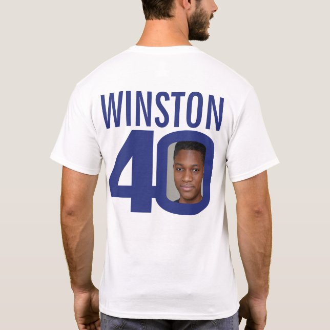 Camiseta 40.º nombre personalizado de cumpleaños y foto azu (Reverso)