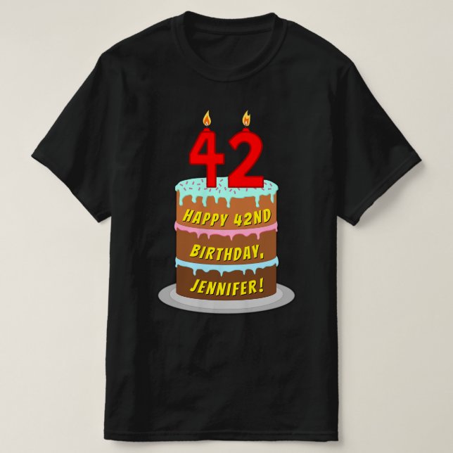 Camiseta 42º cumpleaños — Torta divertida y velas, con nomb (Diseño del anverso)