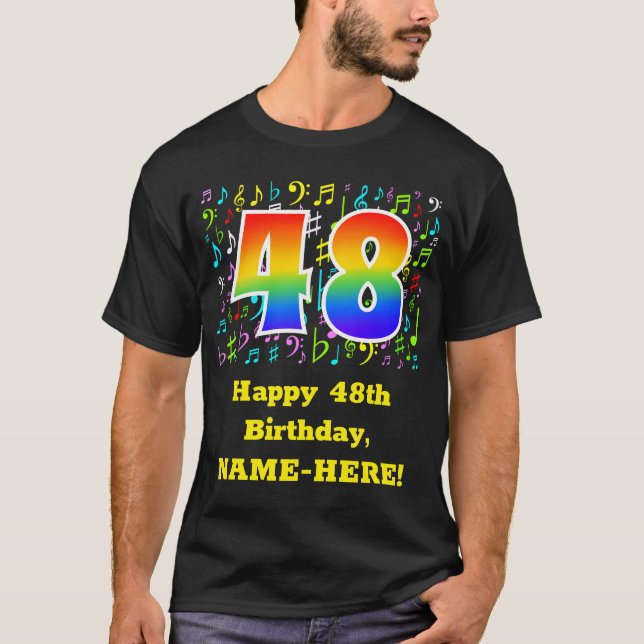 Camiseta 48º cumpleaños: Símbolos musicales coloridos, arco (Anverso)