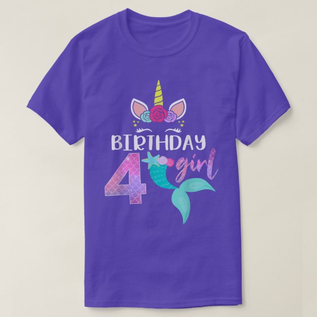 Camiseta 4.ª Chica de cumpleaños Unicornio Sirena 4 años (Diseño del anverso)