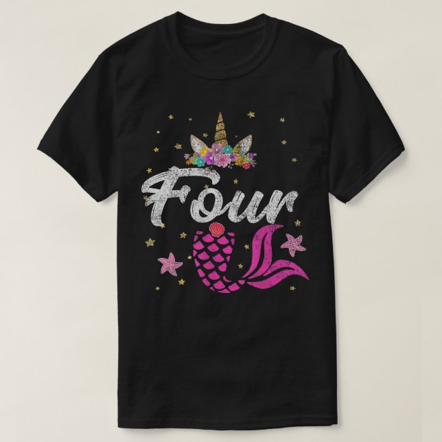 Camiseta 4.ª Chica de cumpleaños Unicornio Sirena cola 4 añ (Diseño del anverso)