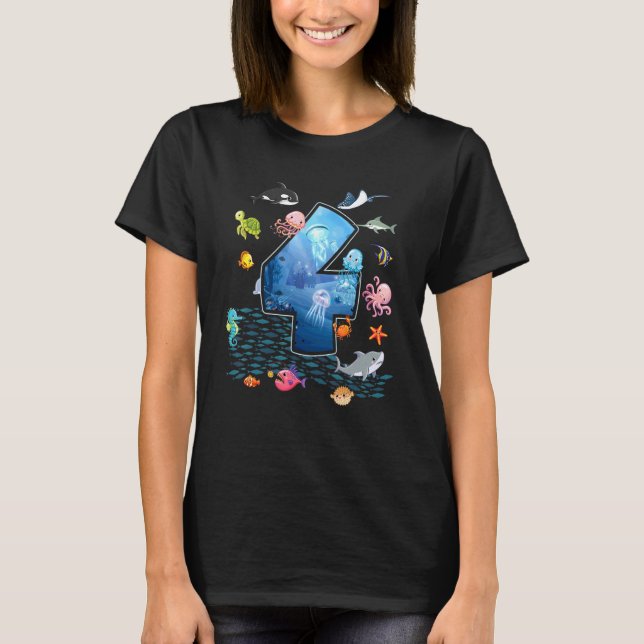 Camiseta 4.º Aniversario Acuario Mar Animales Acuáticos Niñ (Anverso)