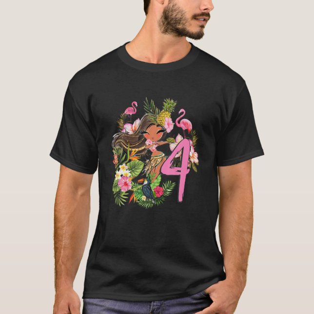 Camiseta 4.º Cumpleaños Fiesta Tiki Summer Hula Hawaiian Lu (Anverso)