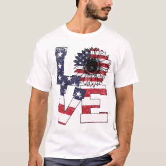 Camiseta 4 De Julio Amor Girasol Bandera Patriótica Estadou