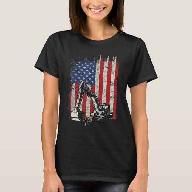 Camiseta 4 De Julio Bandera Americana Construcción Backhoe  (Anverso)