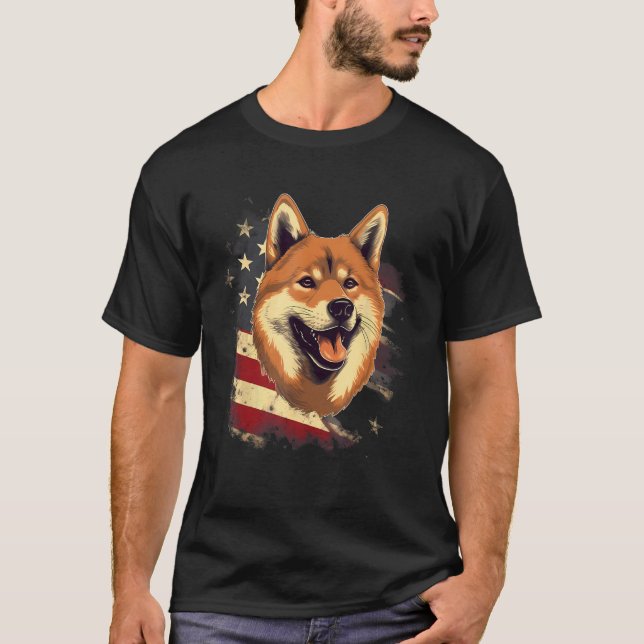 Camiseta 4 De Julio Bandera Estadounidense Negro y el Shiba (Anverso)