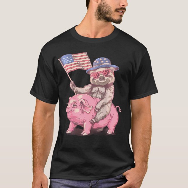 Camiseta 4 De Julio Divertido Cerdo Bandera Americana Ameri (Anverso)