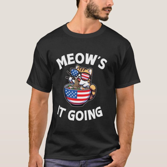 Camiseta 4 de julio EEUU Meow's se come la comida de ramen  (Anverso)