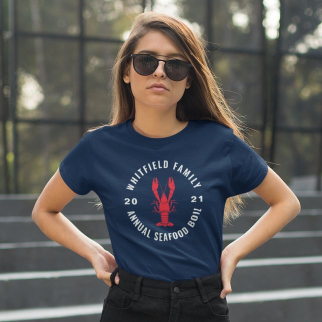 Camiseta 4 de julio Familia de Matanza de Personalizados de (Summer Family Reunion Annual Seafood Boil Navy Blue Custom T-Shirt)