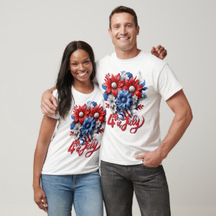 Camiseta 4 de julio Flores en blanco rojo y azul patriótico