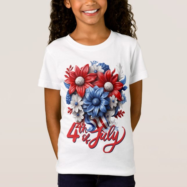 Camiseta 4 de julio Flores en blanco rojo y azul patriótico (Anverso)