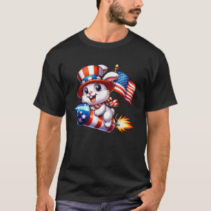 Camiseta 4 de julio Funny Rabbit American Bandera Fireworks