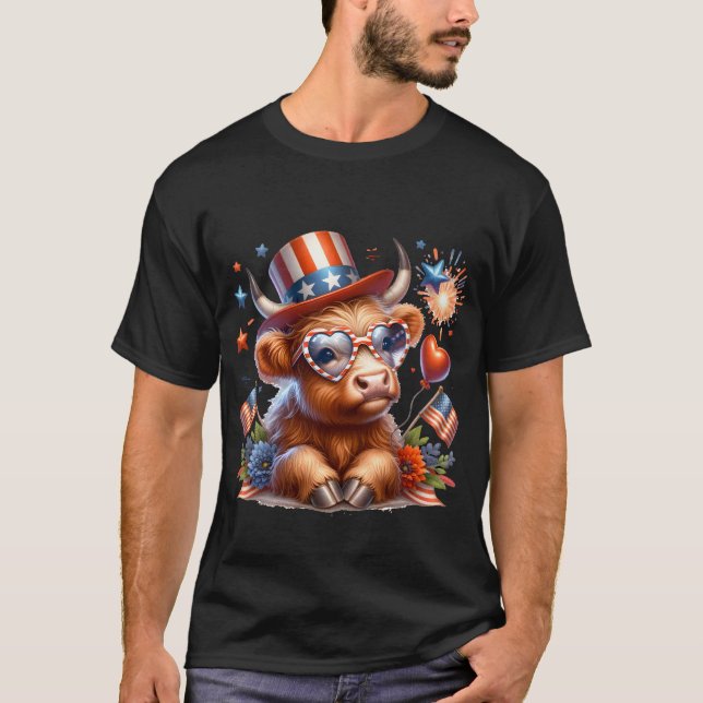 Camiseta 4 De Julio, Highland Cow Cute American (Anverso)