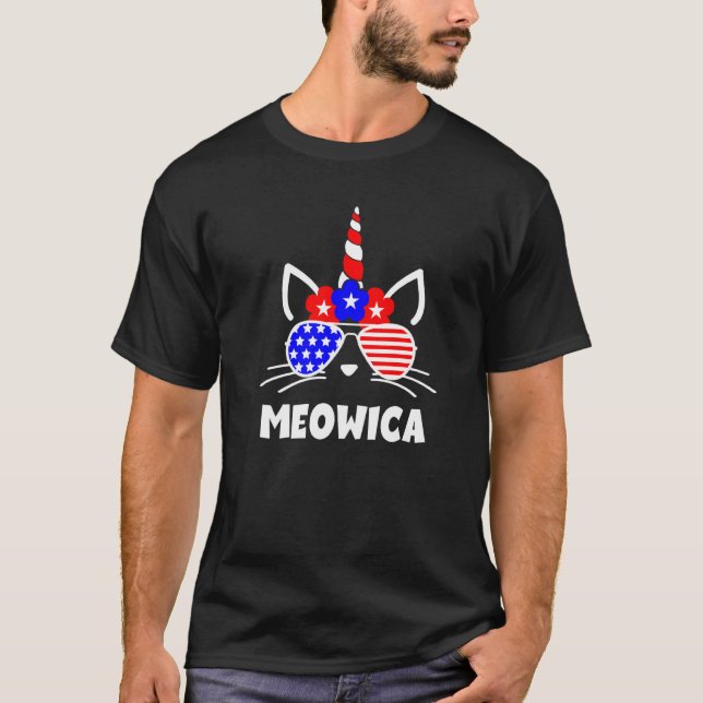 Camiseta 4 De Julio, Meowica Gato Unicornio Bandera Uu Gafa (Anverso)