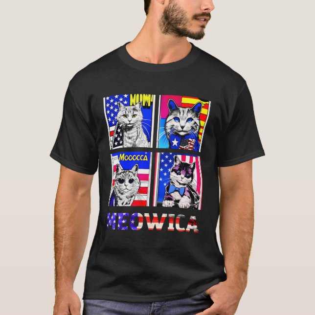 Camiseta 4 De Julio Meowica Usa Funny Cats Amante Patriótic (Anverso)