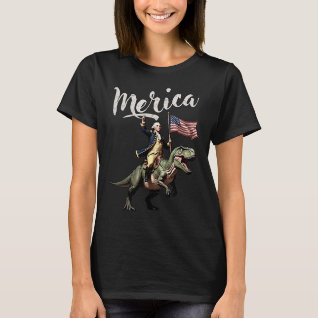 Camiseta 4 De Julio Merica George Washington Riding A Dino (Anverso)