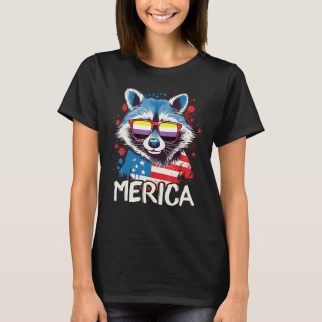 Camiseta 4 De Julio Merica Raccoon Gafas De Sol No Binario (Anverso)