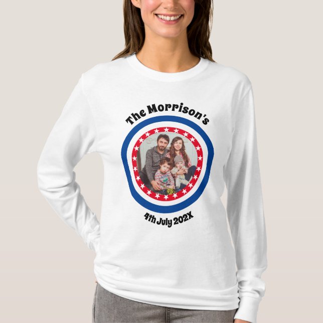 Camiseta 4 de julio Nombre de la foto familiar Rojo y Azul (Anverso)