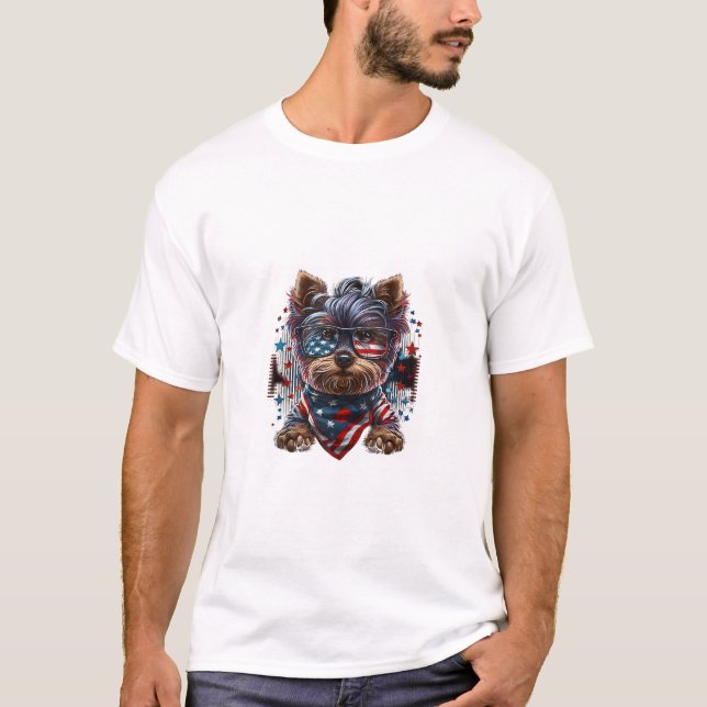 Camiseta 4 de julio Patriotic Yorkie Dog Bandera de Estados (Anverso)