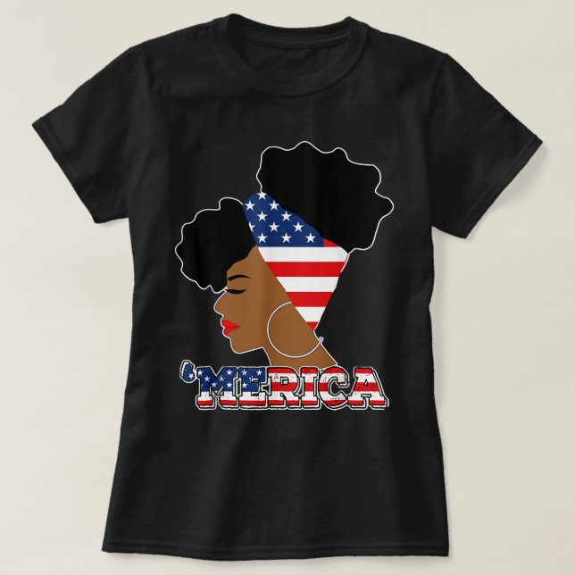 Camiseta 4 de julio Patriótico Afro Puff Bandera Americana  (Diseño del anverso)