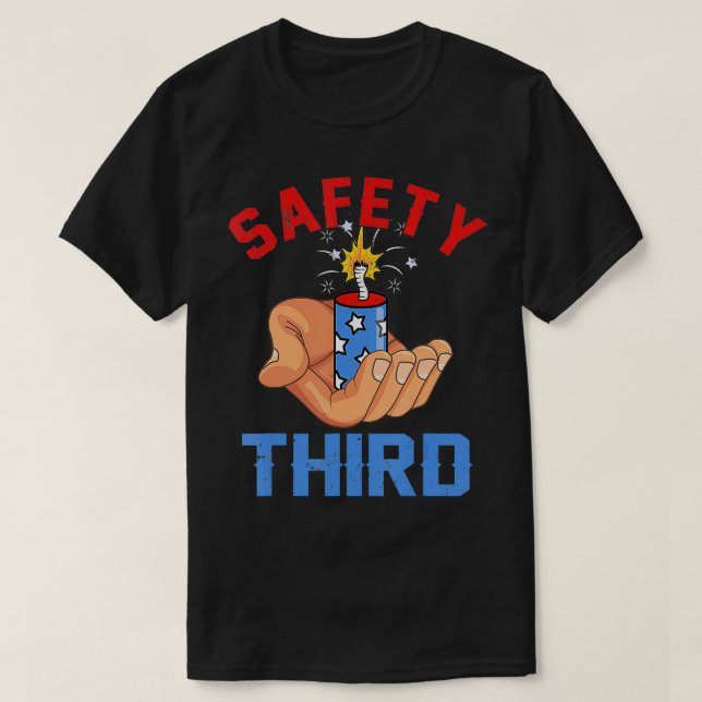 Camiseta 4 de julio Patriótico Fireworks Safety Third Mens (Diseño del anverso)