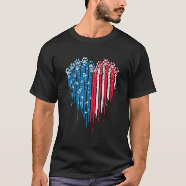 Camiseta 4 De Julio Perro Paw Corazón Bandera Americana (Anverso)
