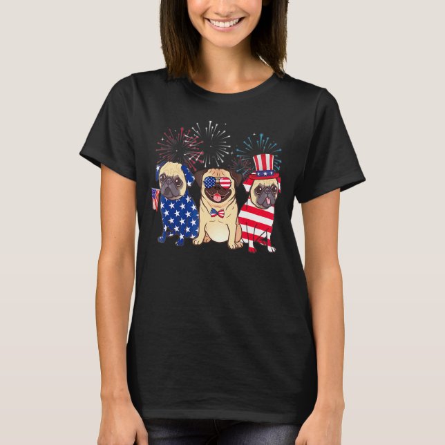 Camiseta 4 De Julio Perro Tres Perros Pug Cool Bandera Amer (Anverso)