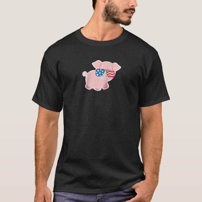 Camiseta 4 de julio Piggy Pig Funny Bandera Estadounidense  (Anverso)