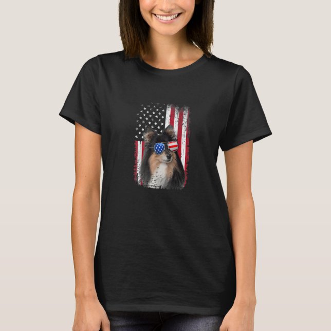 Camiseta 4 De Julio Sheltie Bandera Estadounidense Perro Pa (Anverso)
