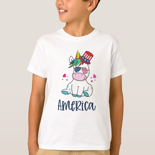 Camiseta 4 de julio Unicornio con gafas solares de bandera  (Anverso)