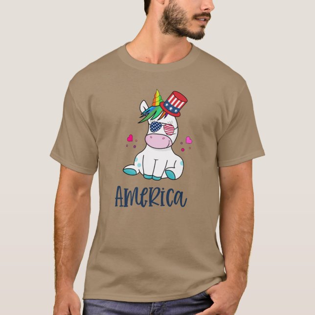 Camiseta 4 de julio Unicornio con gafas solares de bandera  (Anverso)