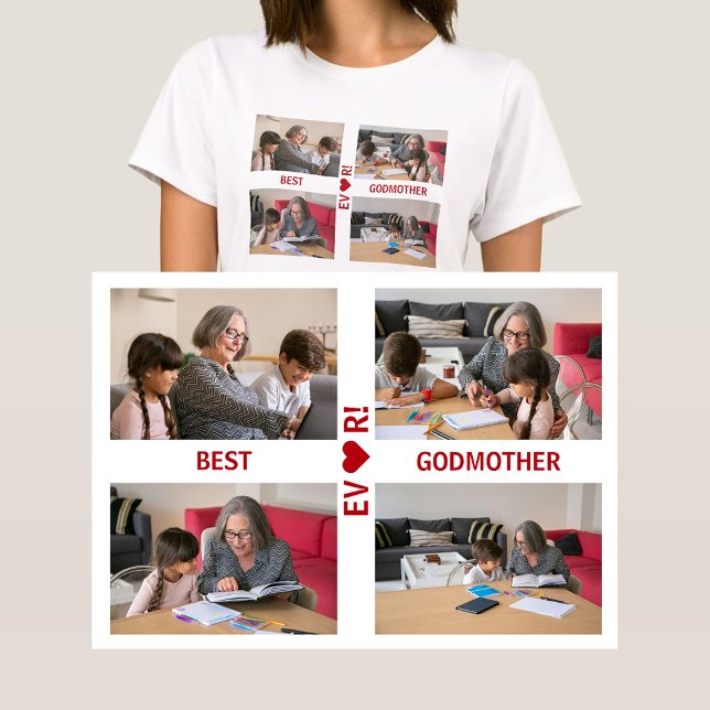 Camiseta 4 fotos mejor padrino Collage de fotos del corazón (Best Godmother Ever! Heart. Photo collage, 4 personalized photos. Elegant, modern gift Mother's Day)