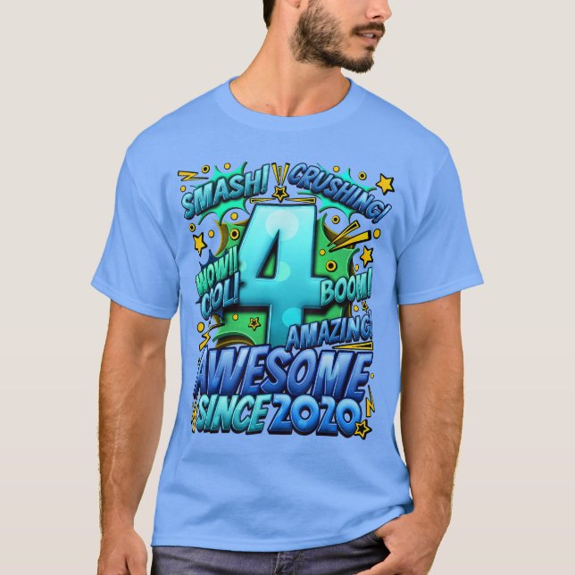 Camiseta 4th Birthday Comic Style Awesome since 2020 4 Year (Anverso)