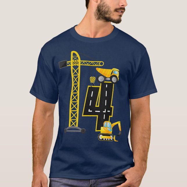 Camiseta 4th Birthday Construction Vehicles Diggers Crane (Anverso)
