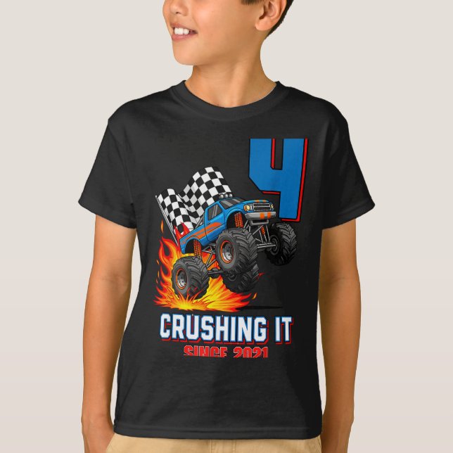 Camiseta 4th Birthday Monster Truck 4 Year Old Boy Born 202 (Anverso)