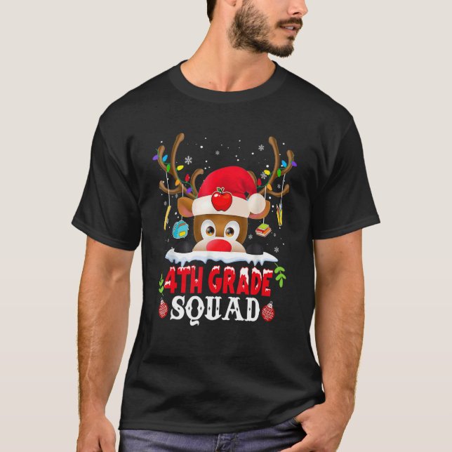 Camiseta 4th Grade Squad Plaid Reindeer Santa Hat Teacher C (Anverso)