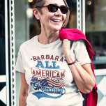 Camiseta 4th july All american grandma patriotic family<br><div class="desc">Celebrate July the fourth with this patriotic t-shirt featuring the wording "All American grandma" in red and light blue retro-style fonts over the iconic USA stars and stripes flag. Easily customizable with your name, this t-shirt is perfect for any 4th of July party or family reunion, or even just to...</div>