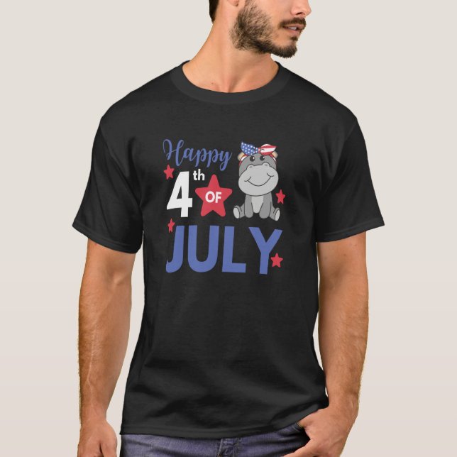 Camiseta 4th Of July American Hippo For Kids Cute Usa Hippo (Anverso)