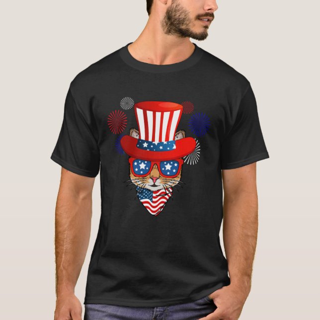Camiseta 4th of July cat for women cat men kids American fl (Anverso)