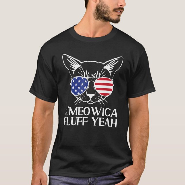 Camiseta 4th of July Cat US Flag Sunglasses Ameowica Fluff  (Anverso)